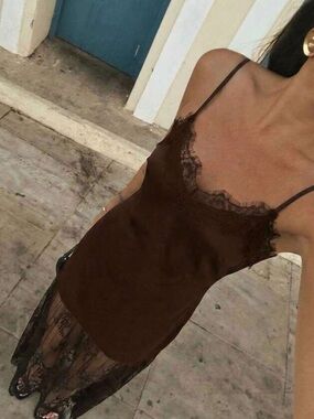 Lace-Trim Satin Slip Dress - Chocolate Brown